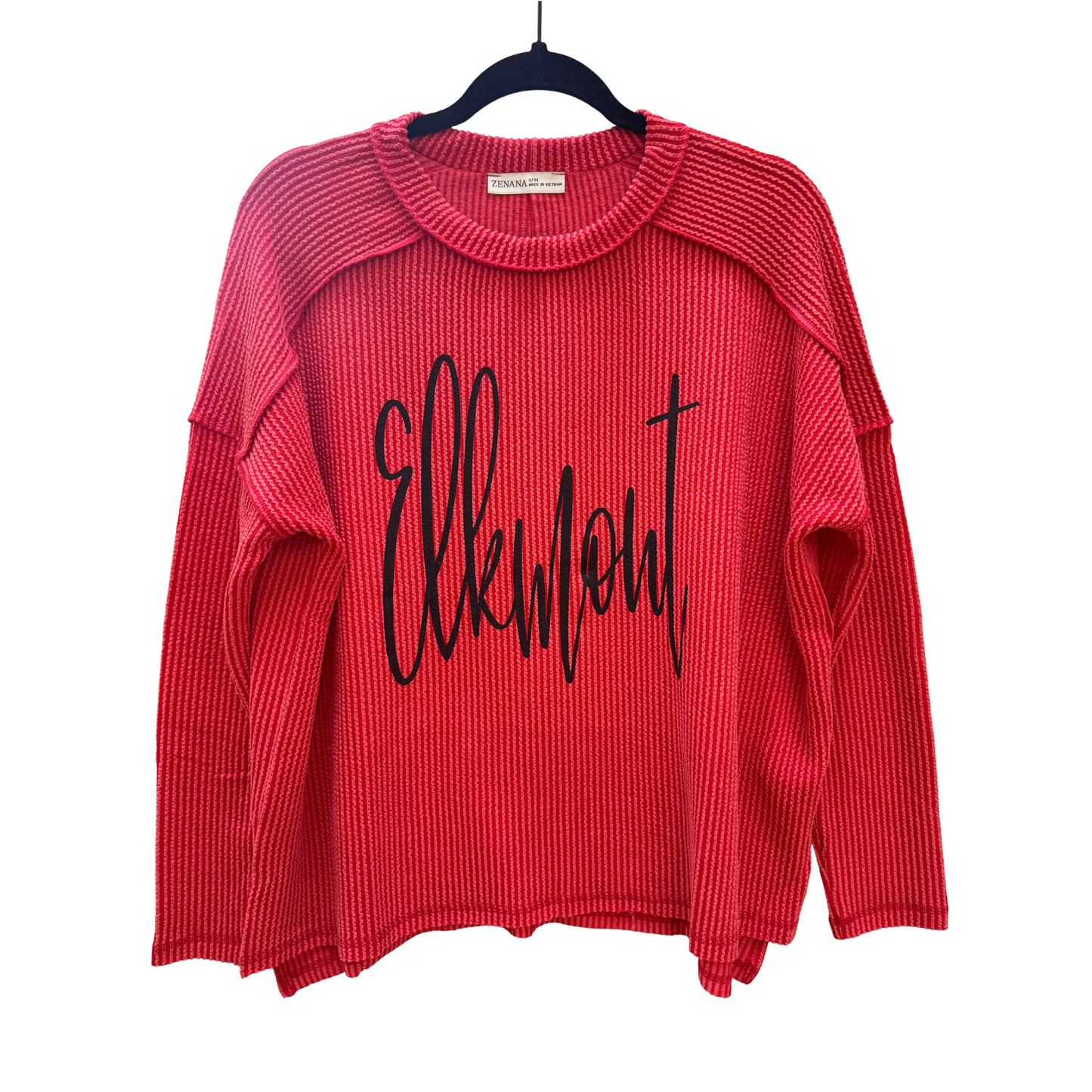 Elkmont Red Raised Rib Raw Edge Boat Neck Long Sleeve Top