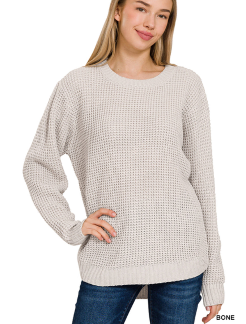 HI-LOW LONG SLEEVE ROUND NECK WAFFLE SWEATER – Happy Threads