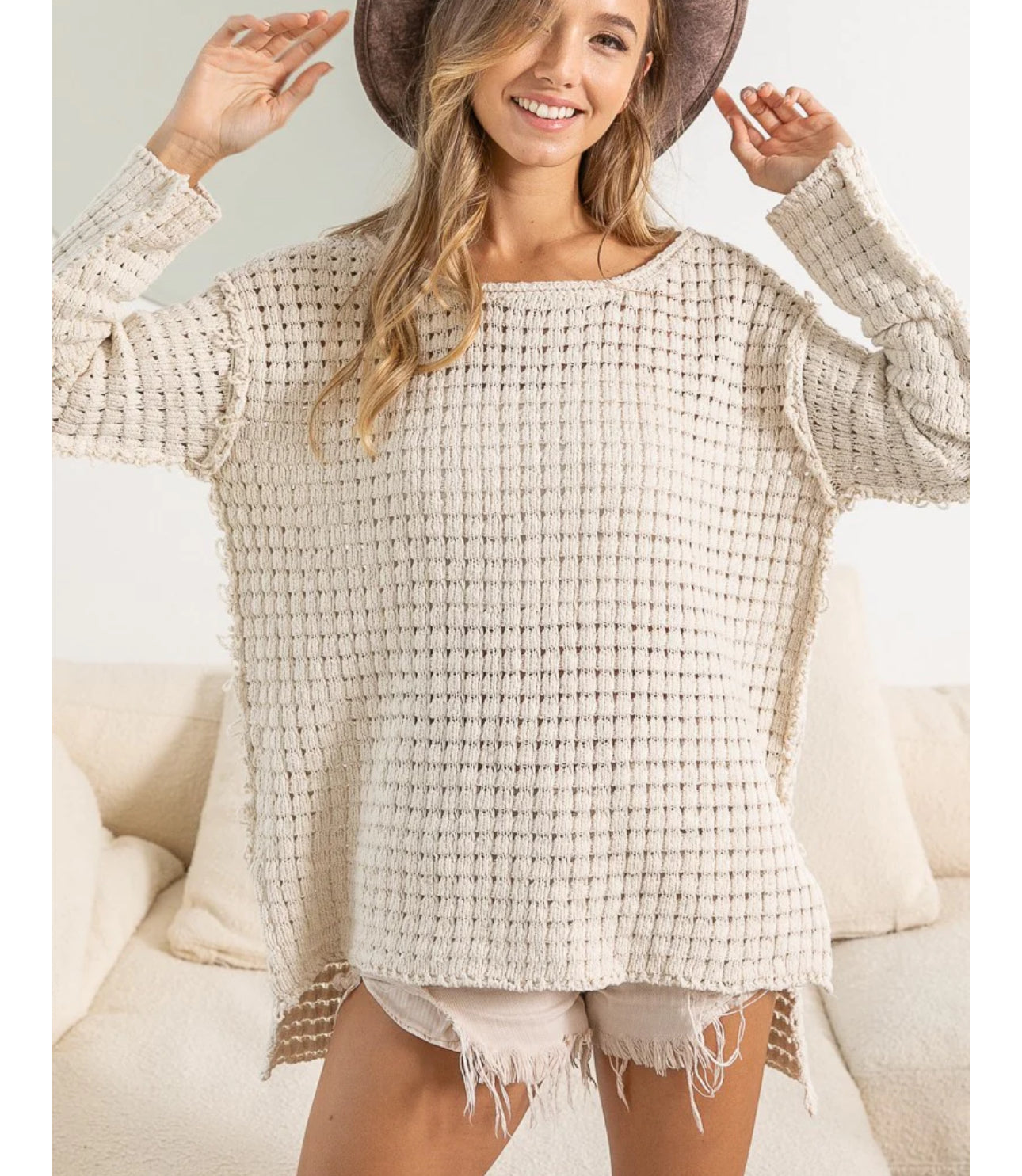 Raw Edge Detailed Pointelle High And Low Knit Top in Mustard
