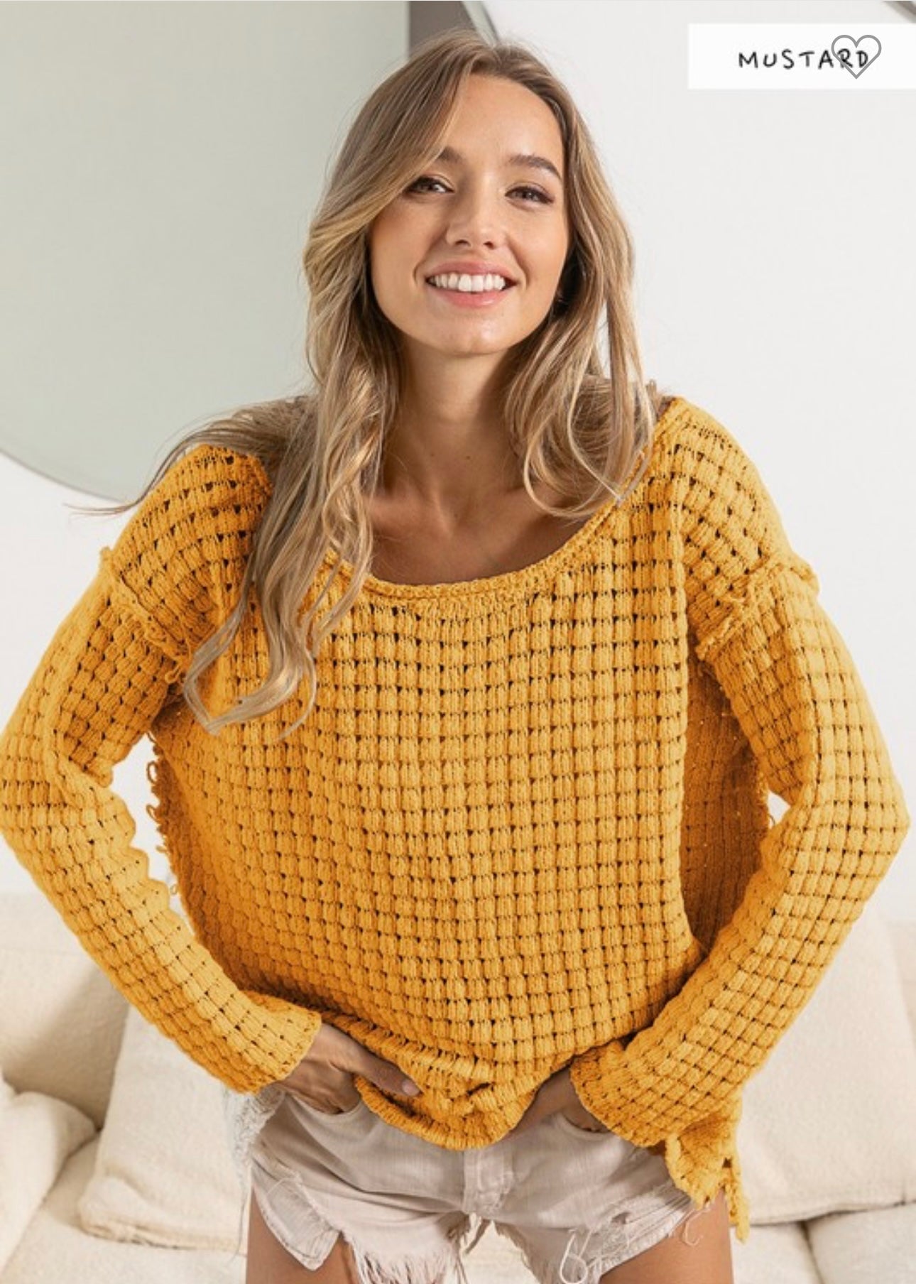 Raw Edge Detailed Pointelle High And Low Knit Top in Mustard