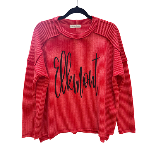 Elkmont Red Raised Rib Raw Edge Boat Neck Long Sleeve Top