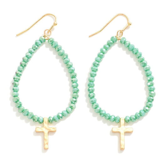 Green Teardrop Cross Earrings