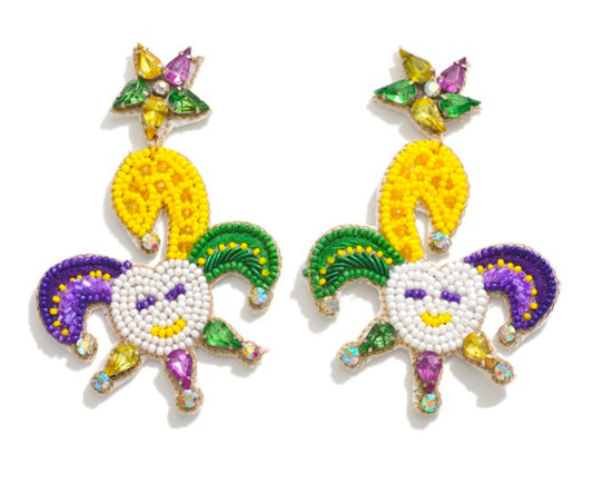 Seed Bead and Rhinestone Mardi Gras Jester Drop Earrings
