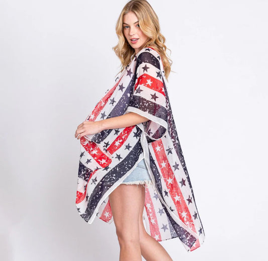 Distressed Americana Stars & Stripes Printed Kimono